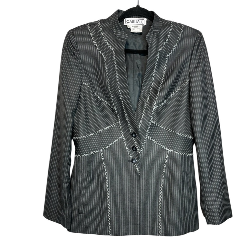 Carlisle Pinstripe Wool Silk Long Zig Zag Stitch Blazer, size 8
